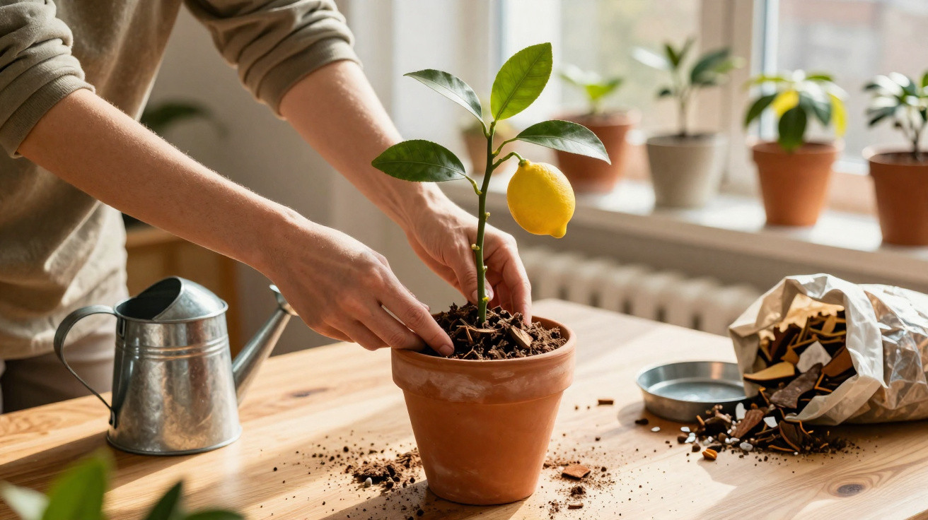 Person planting a young lemon tree in a terracotta pot on a wooden table indoors.