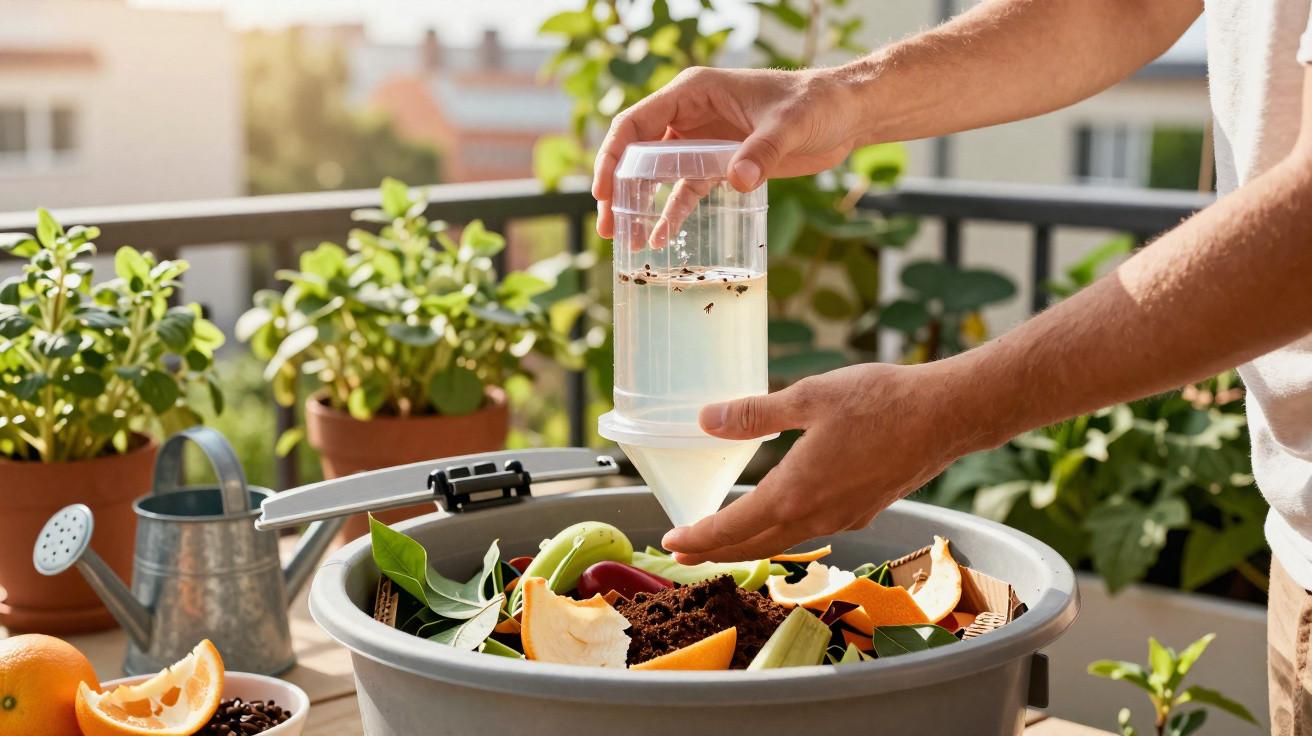 Person setting a homemade insect trap above a compost bin on a sunny balcony with potted plants.