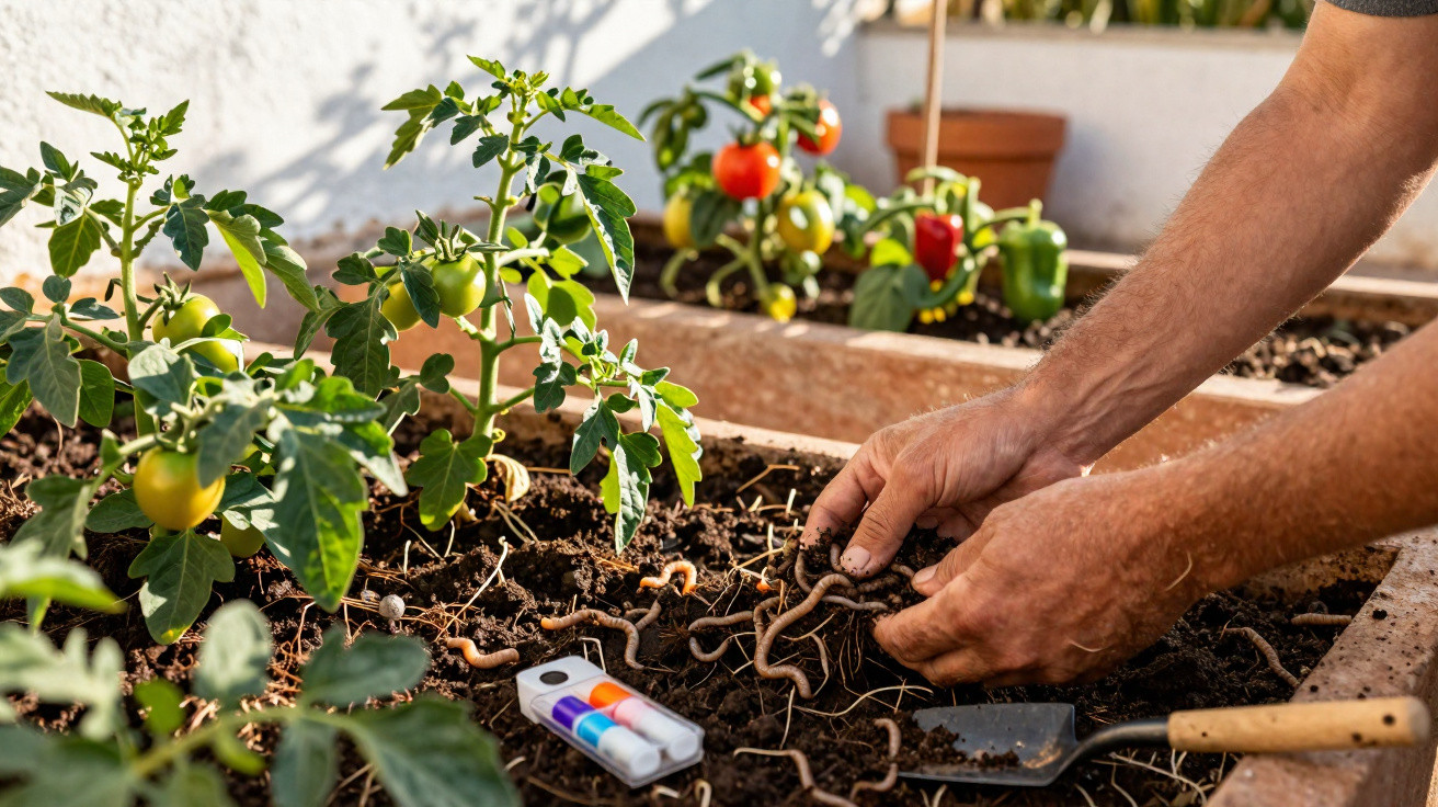 Hands placing earthworms in soil next to growing tomato plants and a small gardening trowel.