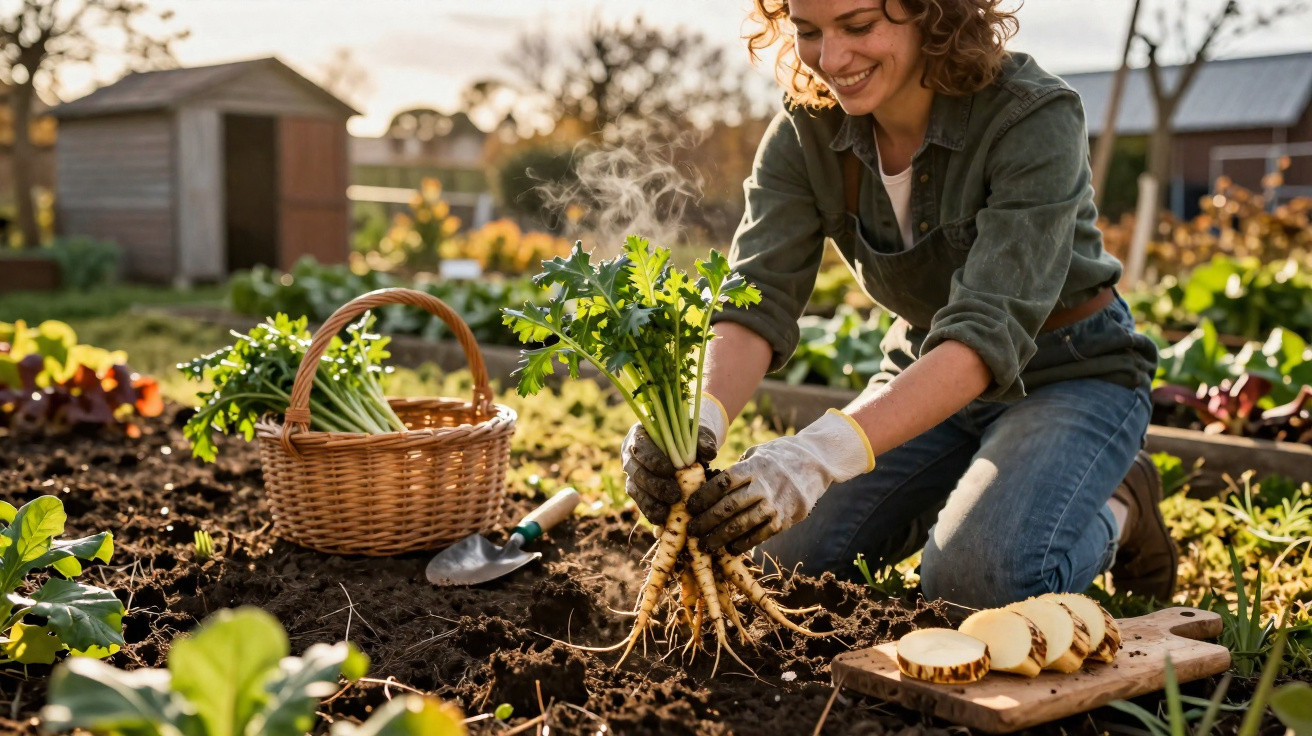 Woman harvesting steaming root vegetables in a garden with a basket, spade, and sliced vegetables on a board nearby.