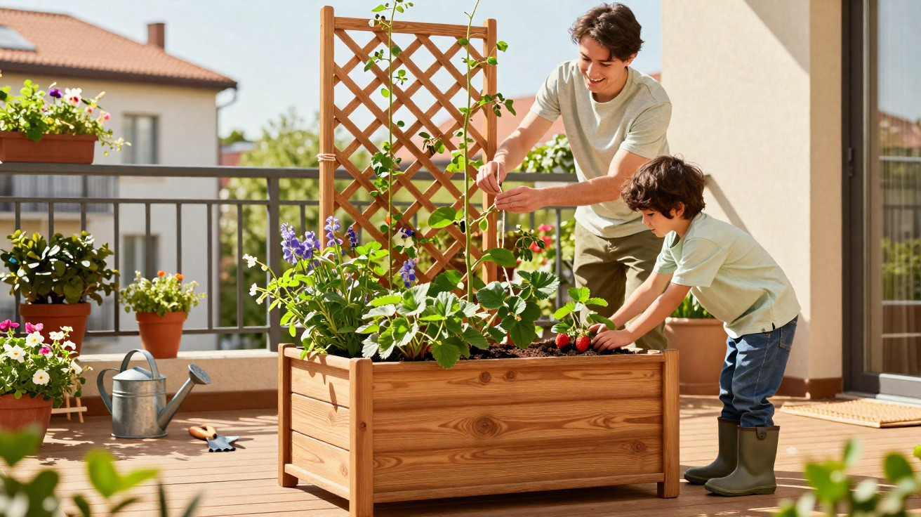 Father and son gardening together, tending plants in a wooden raised planter on a sunny balcony.