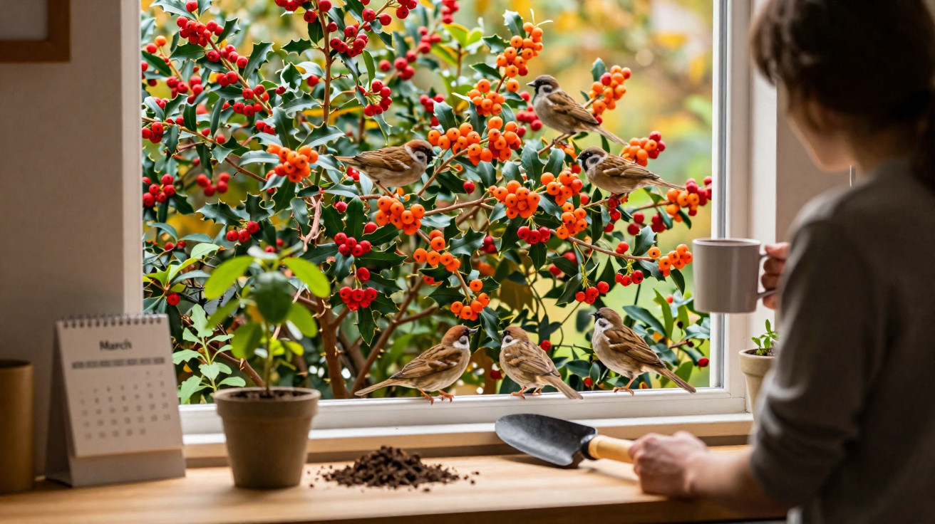 Person holding a mug watches six sparrows on a red-berried bush through an open window in spring.