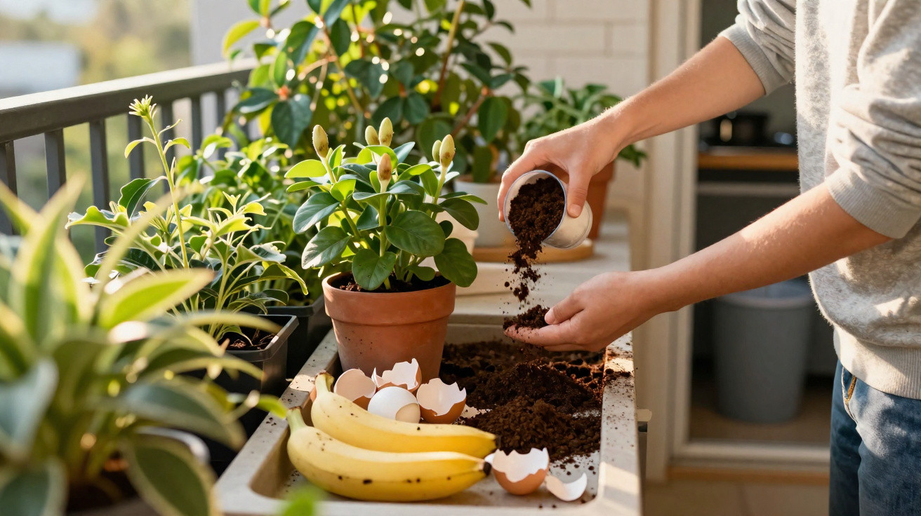 Person adding soil to a balcony garden with potted plants, bananas, and cracked eggshells nearby.