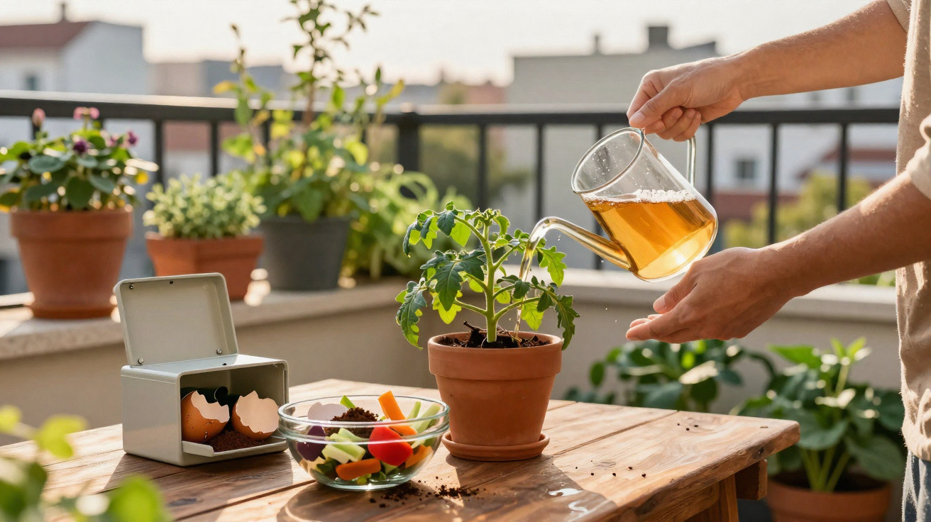 Person watering a small tomato plant on a wooden table with a glass watering can on a sunny balcony.