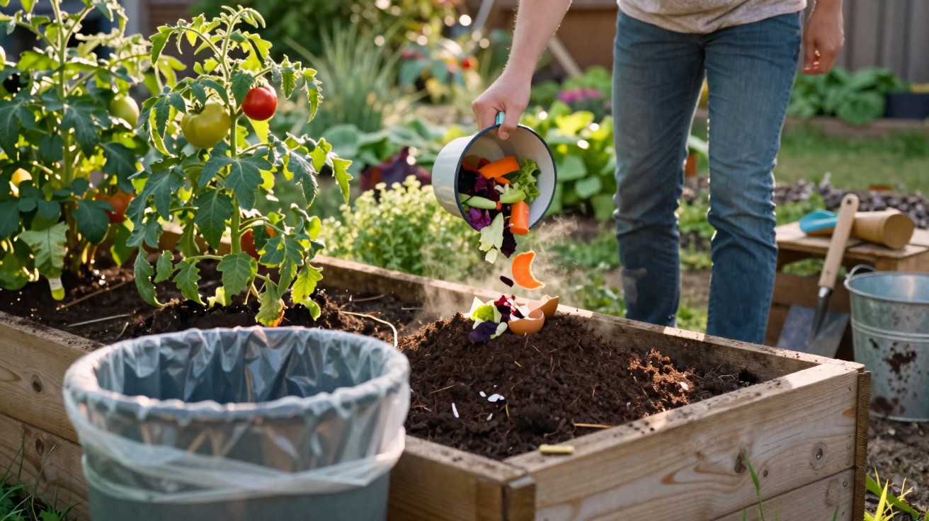 Person adding vegetable scraps to a compost bin beside a raised garden bed with tomato plants.