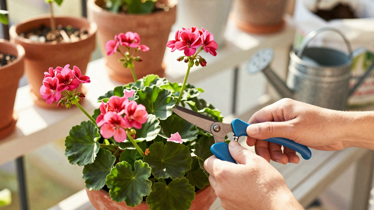 Hands pruning a vibrant pink geranium plant in a terracotta pot on a sunlit balcony shelf.