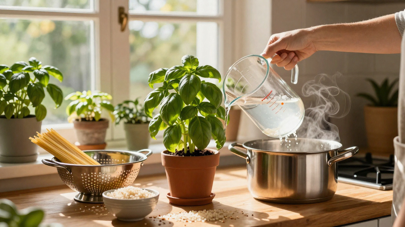 Hand pouring water from a jug into a steaming pot on a kitchen counter with basil plants and pasta nearby.