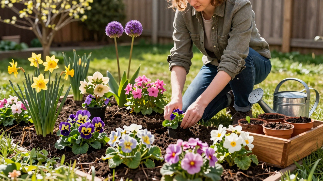 Person planting colourful flowers in a garden bed with daffodils, pansies, and primroses on a sunny day.