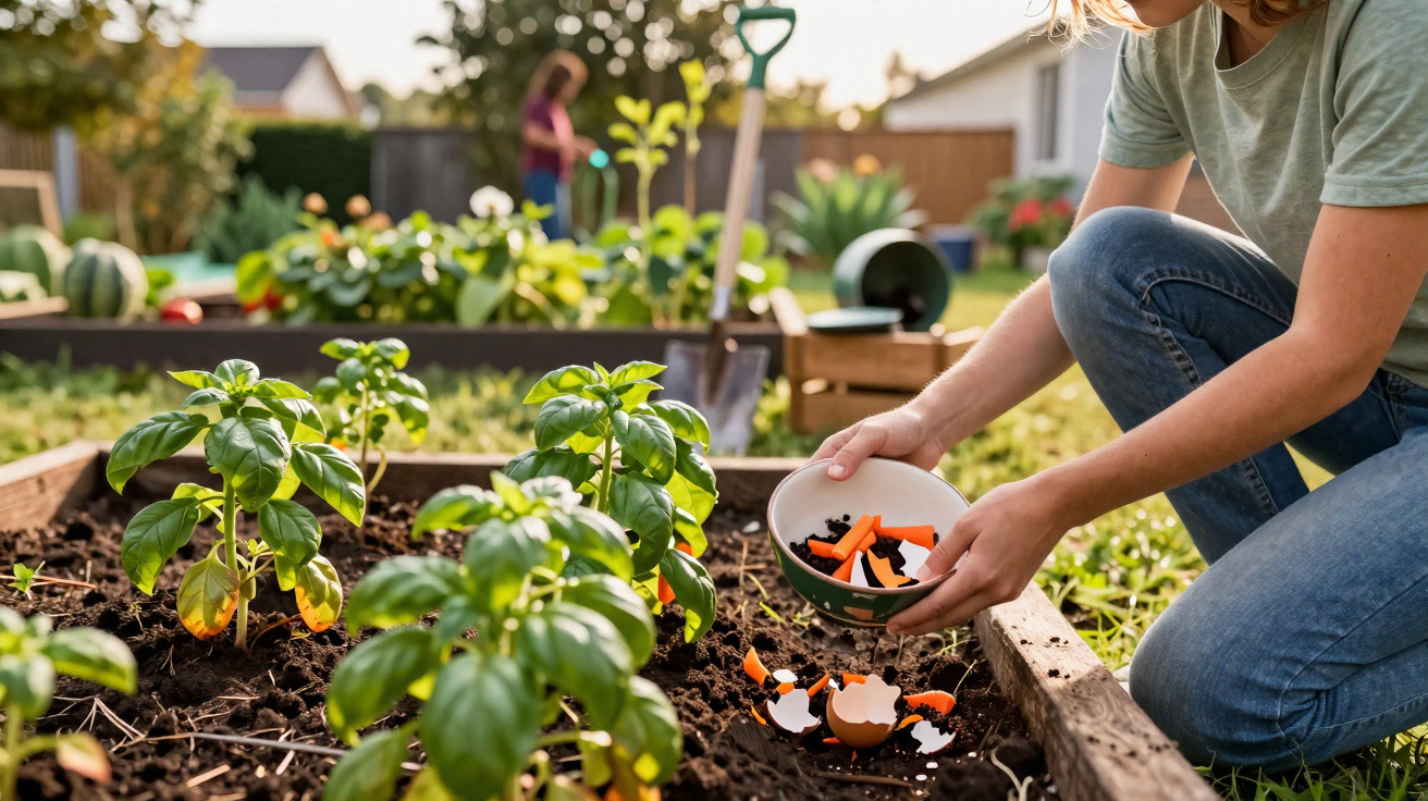 Person kneeling in a garden bed, adding broken eggshells to soil around growing basil plants on a sunny day.
