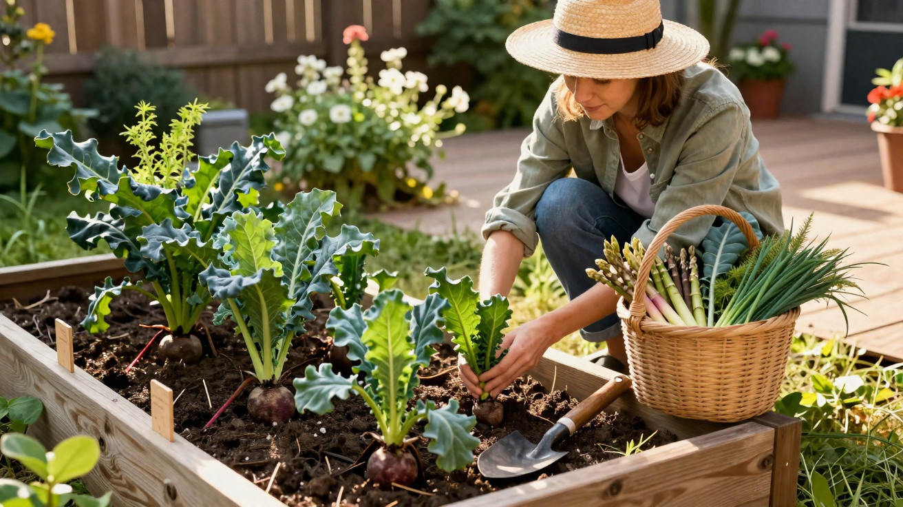 Woman in a straw hat harvesting fresh vegetables from a raised garden bed in a sunny backyard.