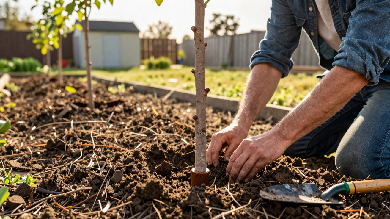 Person planting a young tree sapling in prepared soil in a garden bed on a sunny day.