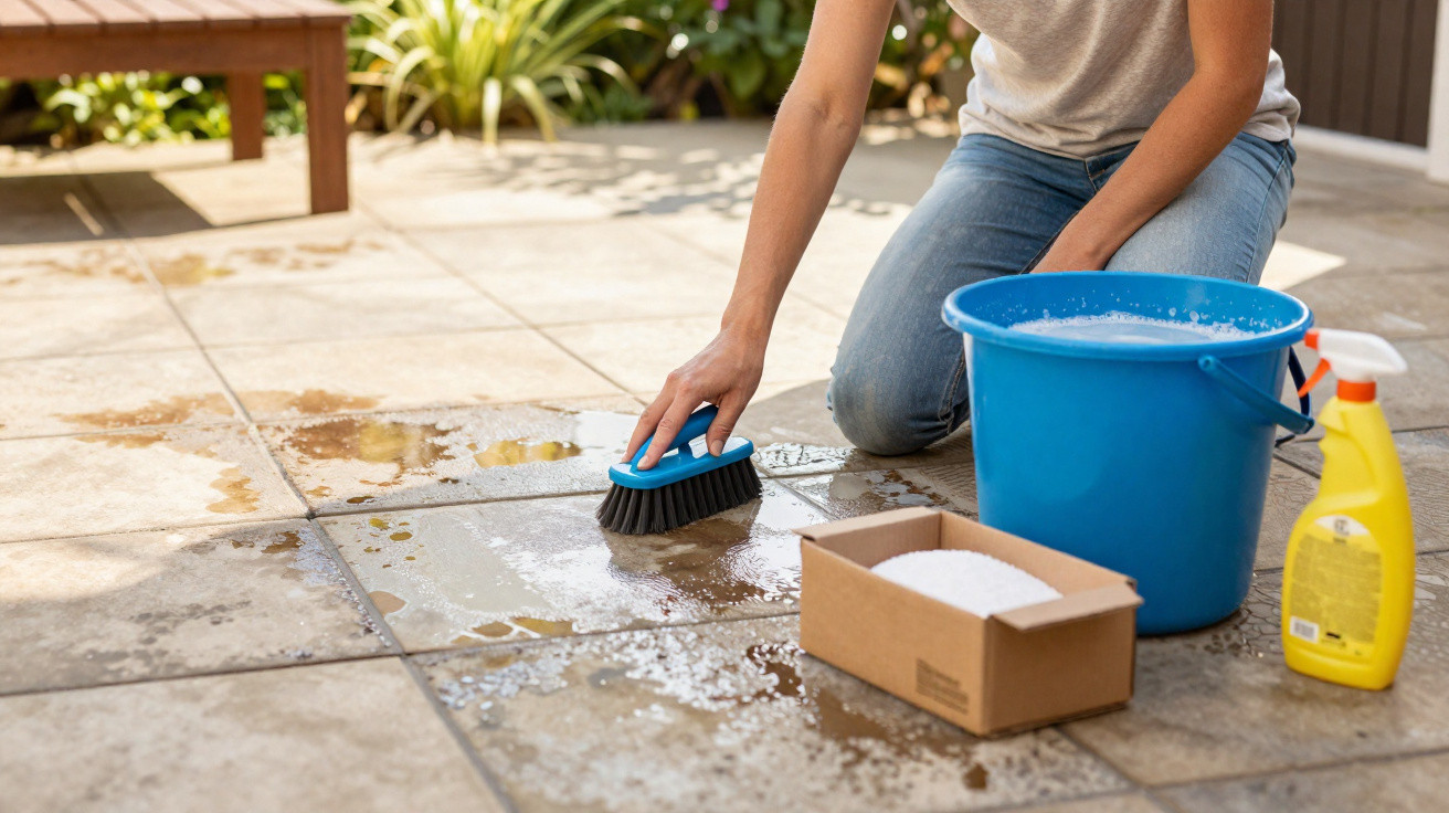 Person scrubbing outdoor tiled floor with brush, bucket of soapy water, cleaning powder, and spray bottle nearby.