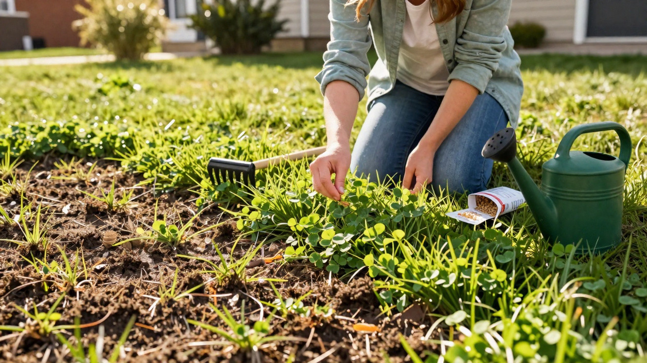 Person kneeling in a garden weeding around green plants with a watering can and rake nearby.