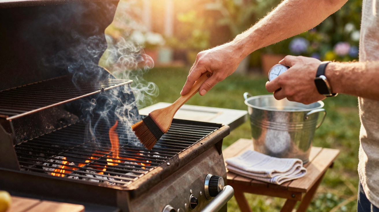 Person brushing flames on an outdoor barbecue grill with a wooden brush on a sunny day.