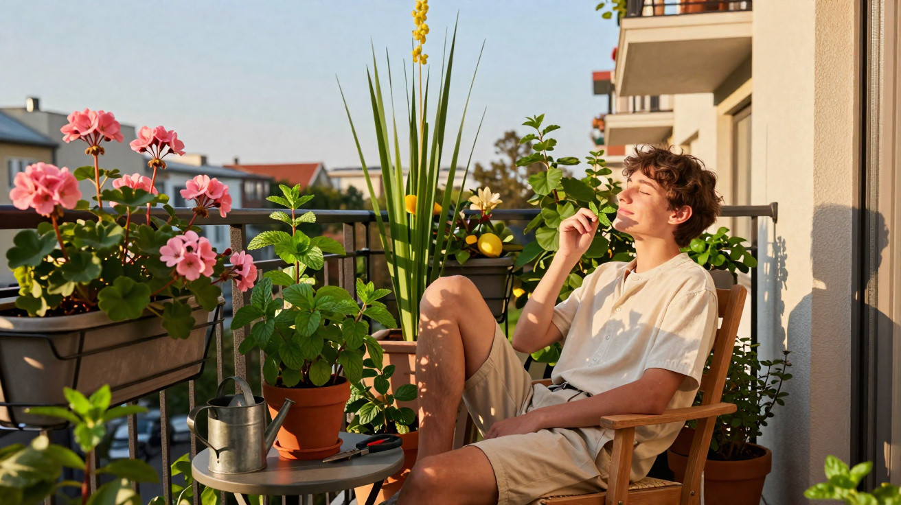 Young man relaxing on a balcony surrounded by potted plants and flowers in warm sunlight.