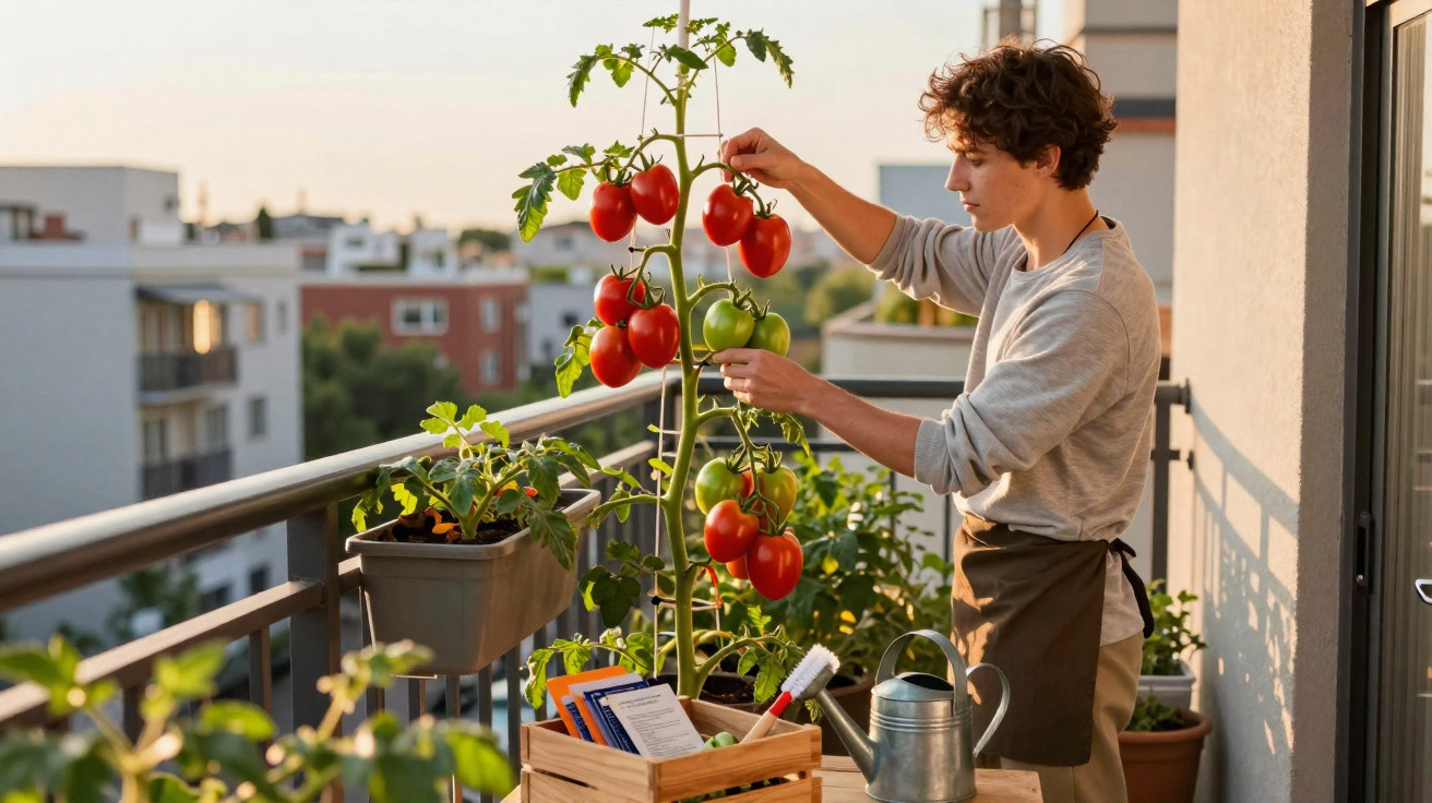 Young person tending ripe and unripe tomatoes on a balcony garden at sunset in an urban setting.