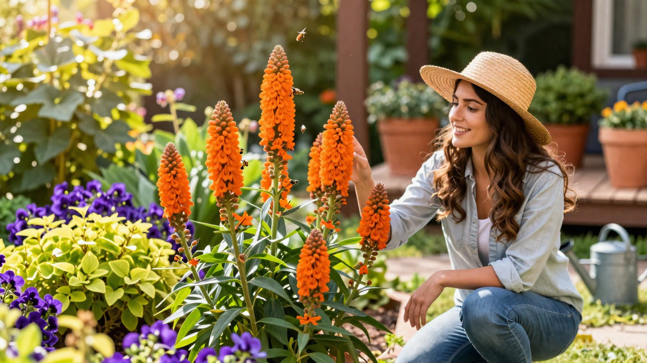 Woman in a straw hat tending bright orange flowers in a sunny garden surrounded by purple and green plants.