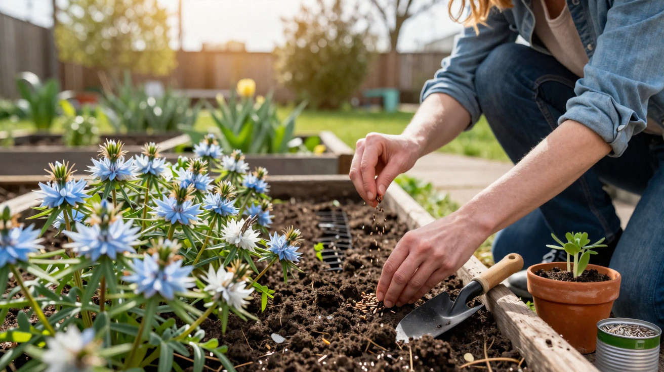 Person planting seeds in soil beside blue and white flowers in a garden during daylight hours.