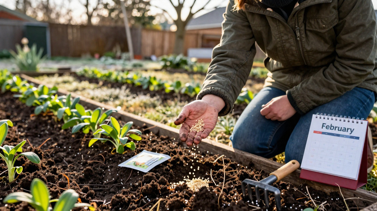 Person sowing seeds in a garden bed with a small rake and a February calendar beside them.