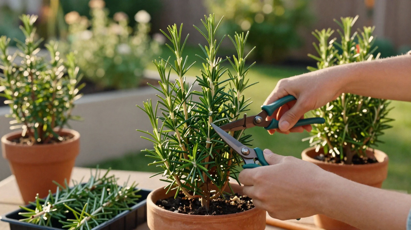 Hands pruning rosemary plant in a terracotta pot with garden shears outdoors on a sunny day.