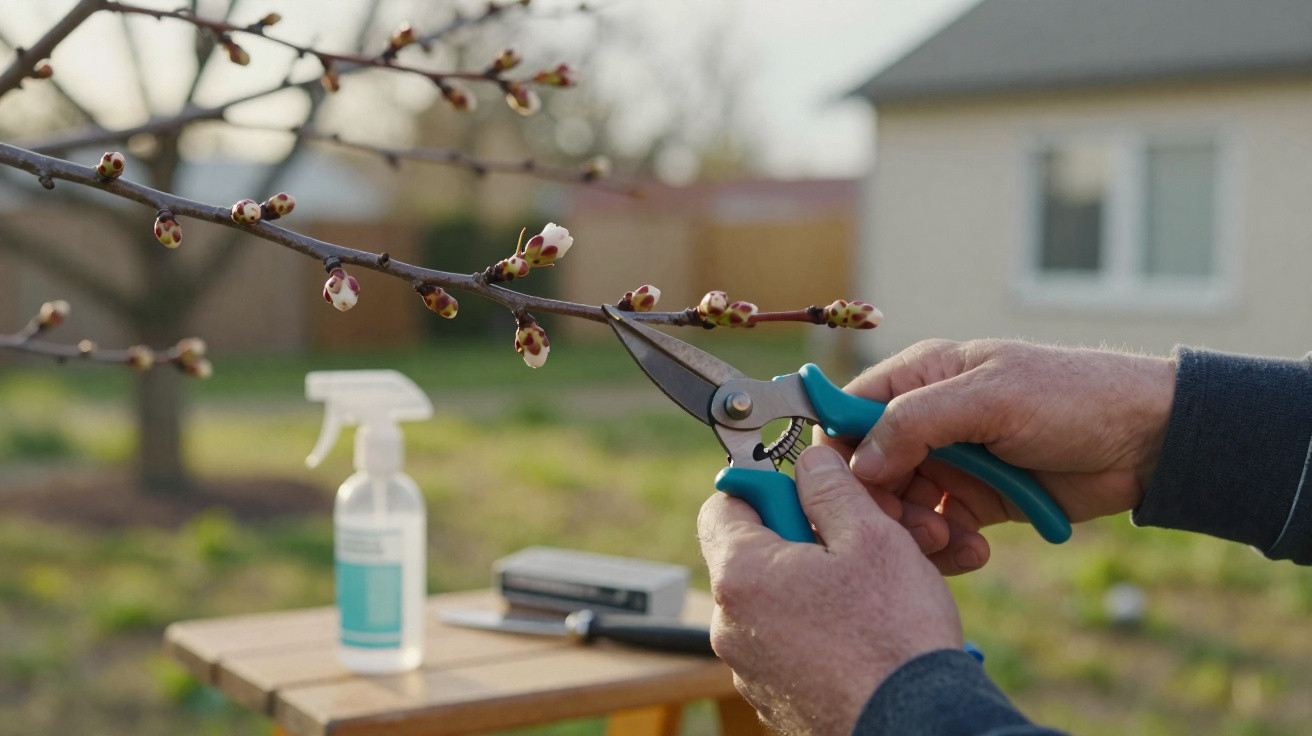 Hands pruning a blossoming tree branch with secateurs in a garden, a spray bottle and tools on a table nearby.