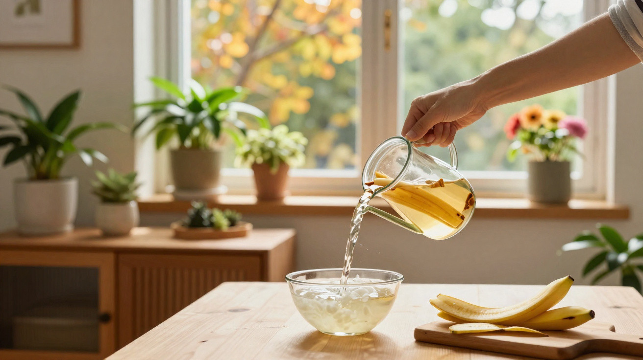 Hand pouring cinnamon-infused tea from a glass teapot into a bowl with ice on a wooden table with bananas nearby.
