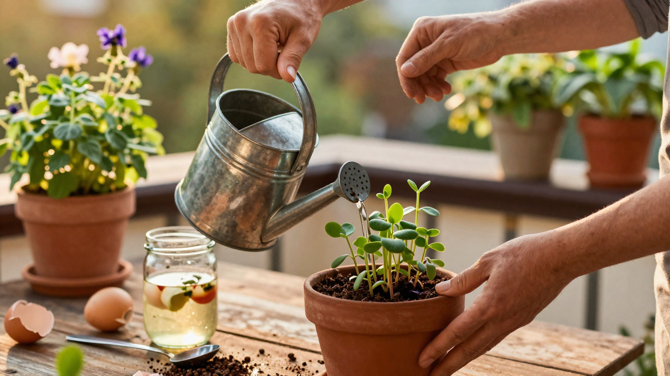 Person watering young green plants in a terracotta pot on a wooden table with flowers in the background.