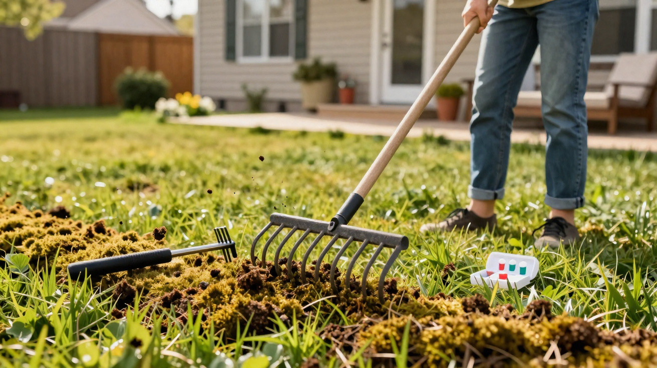 Person using a garden rake to remove moss from a lawn in a sunny backyard.