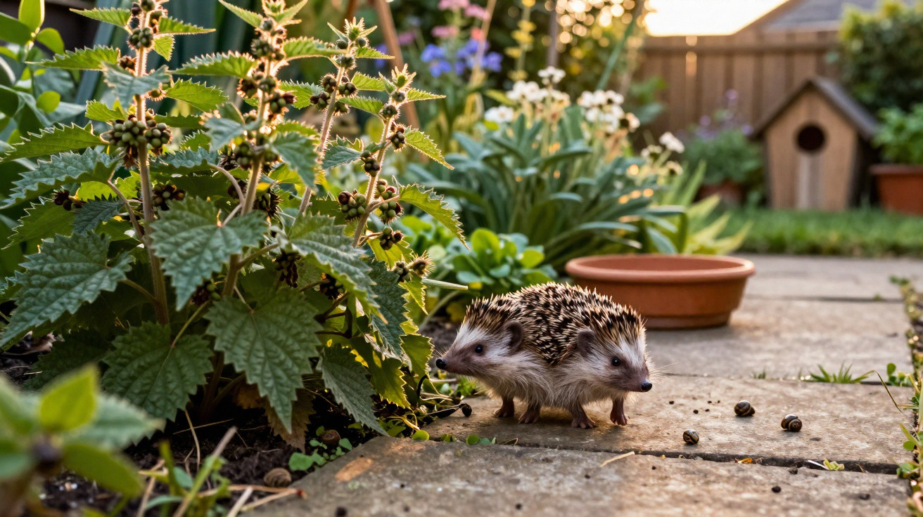 Two hedgehogs walking on a garden path surrounded by plants, flowers and a wooden hedgehog house.