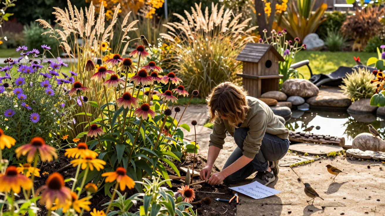 Person gardening among yellow, purple, and red flowers near a small pond in a sunny backyard.