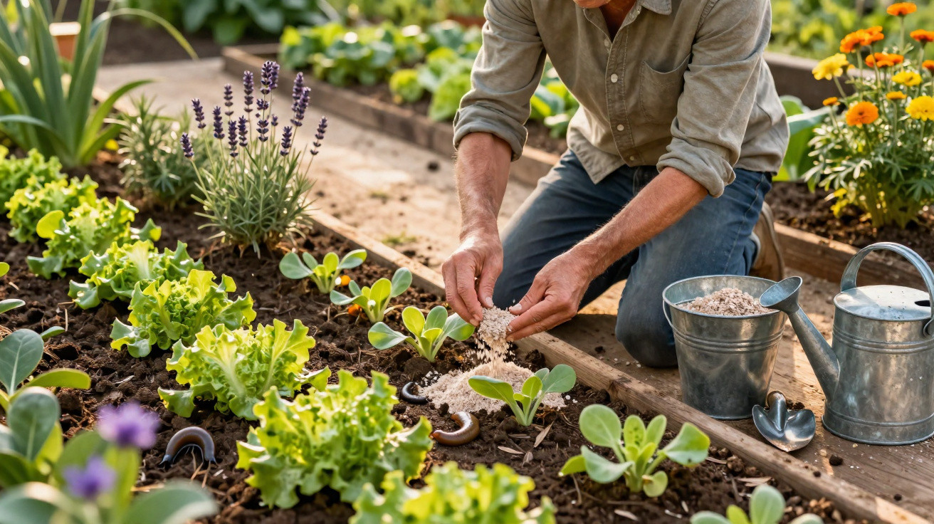 Person kneeling in a garden bed, spreading fertiliser around young vegetable plants with gardening tools nearby.