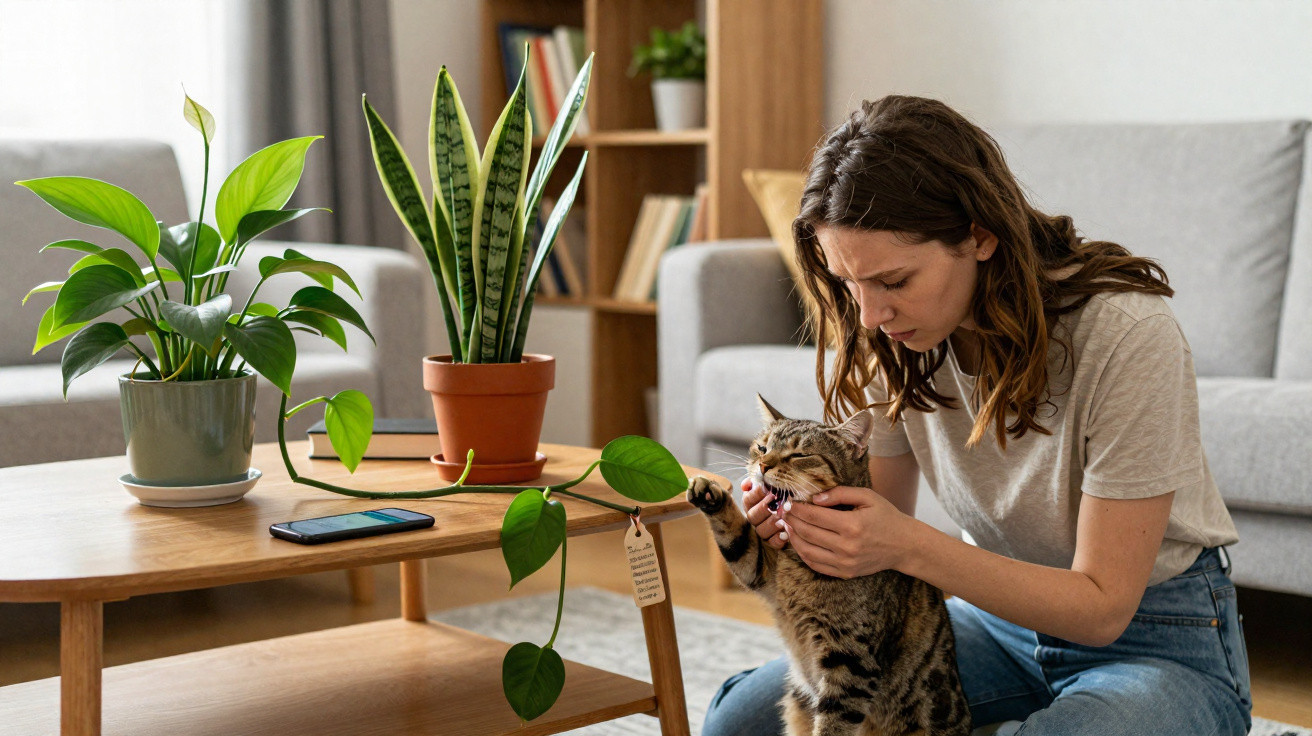 Woman kneeling on the floor, gently holding and looking at a tabby cat in a living room.