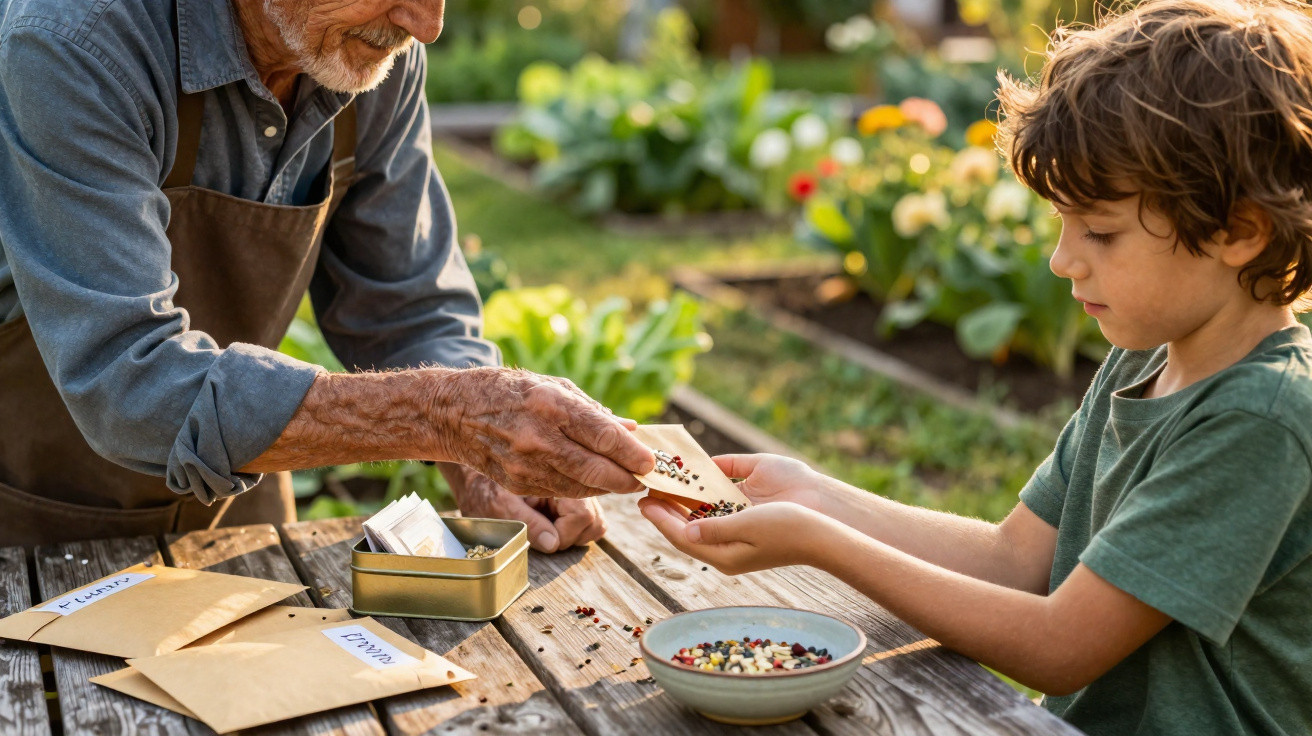 Elderly man passing seed packets to a young boy while gardening at a wooden table outdoors.