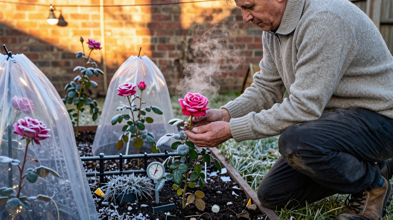 Man examining a steaming pink rose in a garden with frost-covered plants and protective plastic covers.
