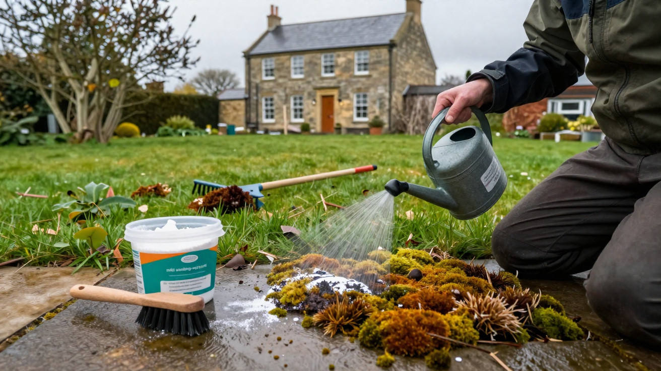 Person watering moss on a patio outside a stone house on a cloudy day