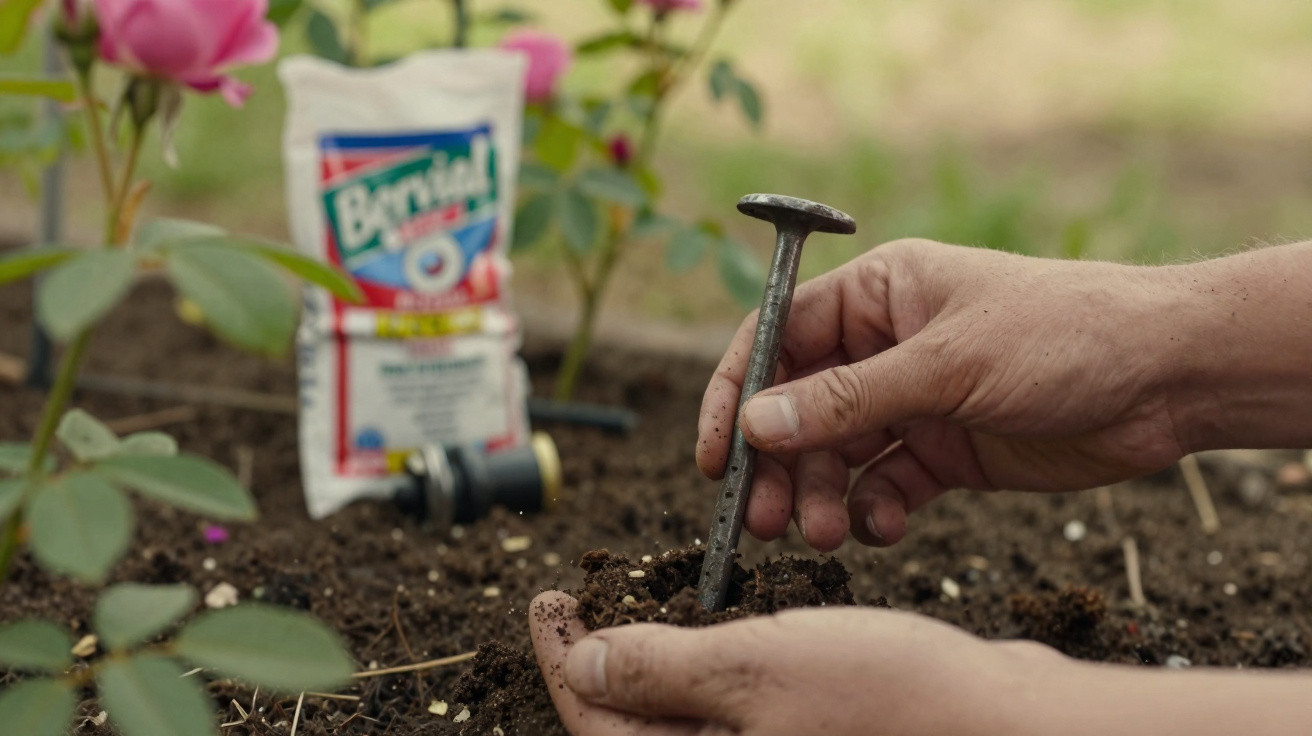 Hands placing a soil moisture meter into garden soil with rose plants and fertiliser bag in the background.