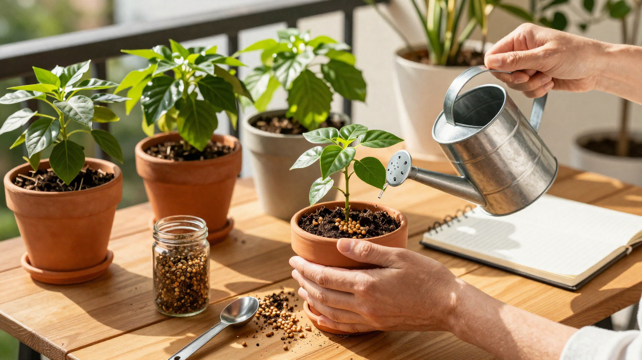 Hands watering a small potted plant on a sunny table with other potted plants and gardening seeds.