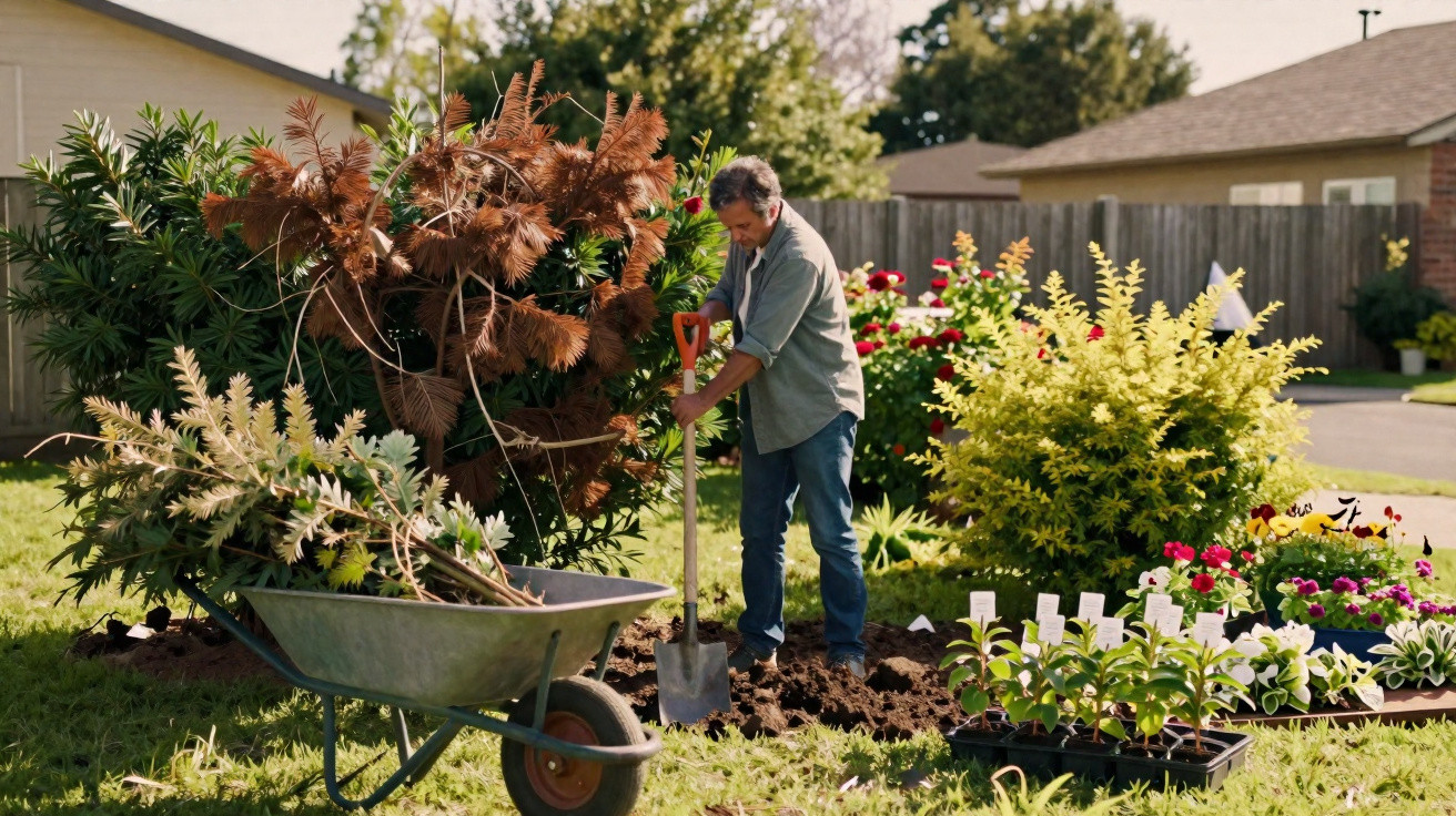Man digging soil in garden surrounded by plants, flowers, and a wheelbarrow with cut branches.
