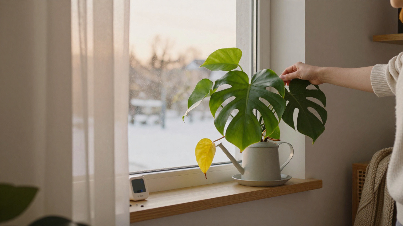 Person adjusting a Monstera plant in a watering can on a windowsill with a snowy landscape outside.