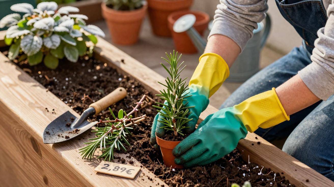 Person wearing yellow and green gloves planting a small rosemary plant in a wooden planter box.
