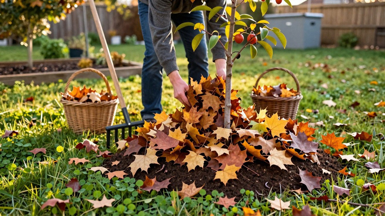 Person raking and gathering autumn leaves around a young apple tree in a sunny garden.