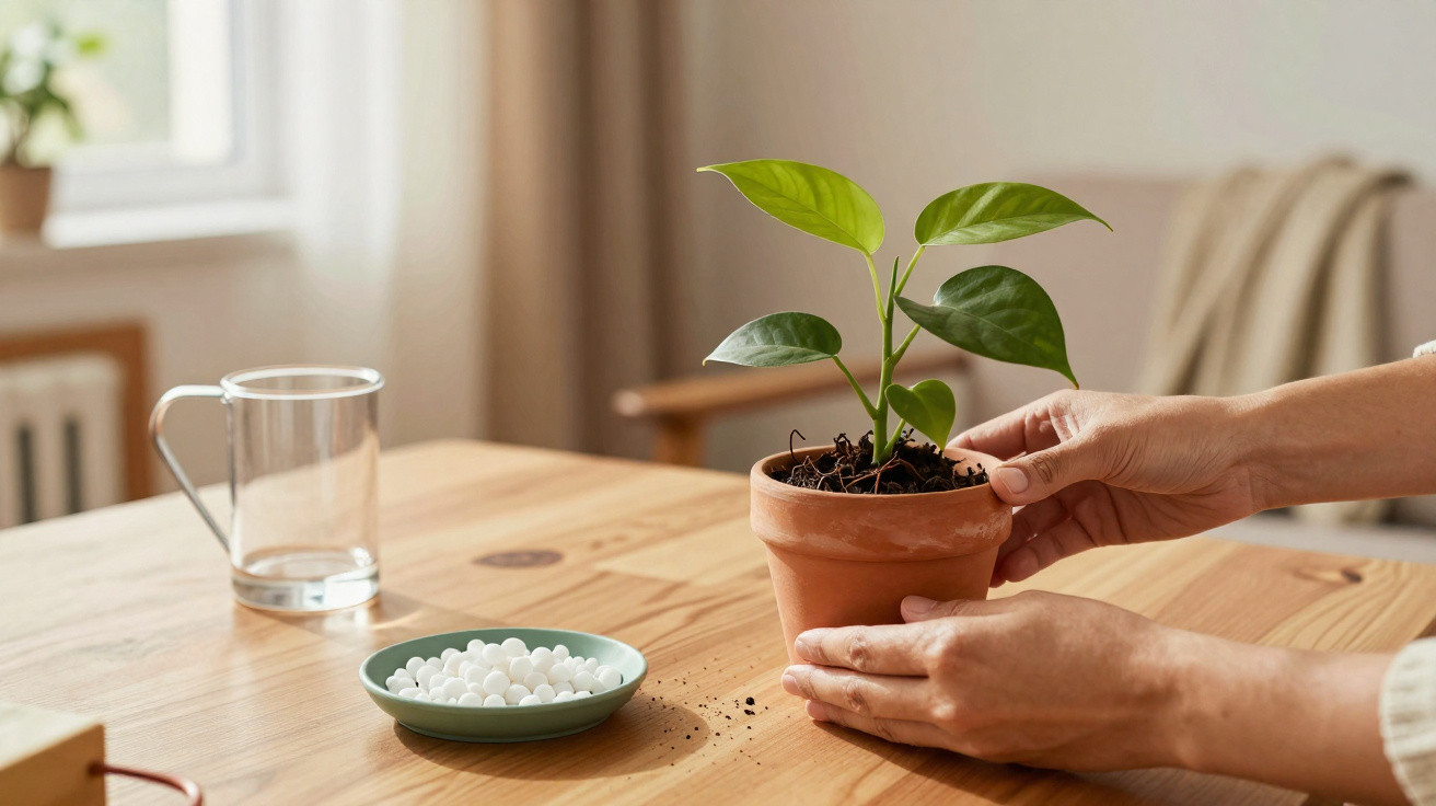 Hands holding a small potted plant on a wooden table with a plate of white pellets and a glass mug nearby.