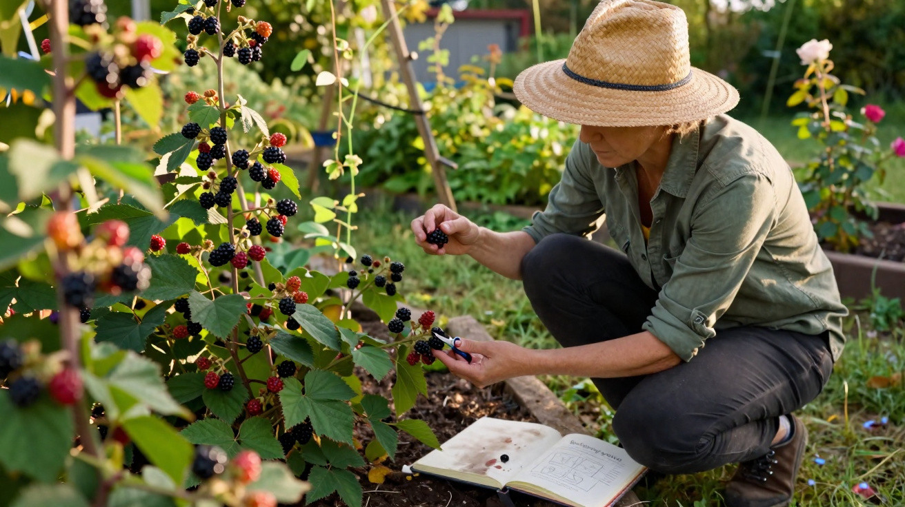 Person wearing a straw hat picking blackberries in a garden with an open notebook on the ground nearby.