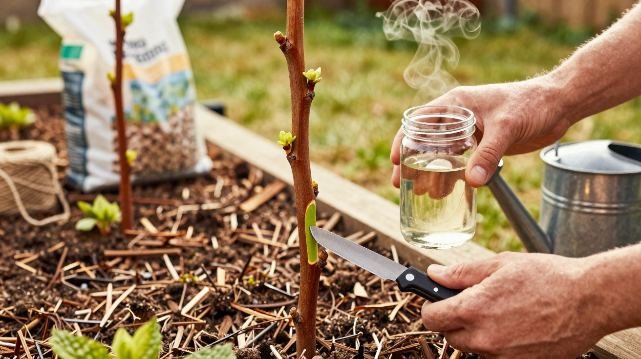 Person holding a smoking jar and knife preparing to graft a young plant stem in a garden bed.