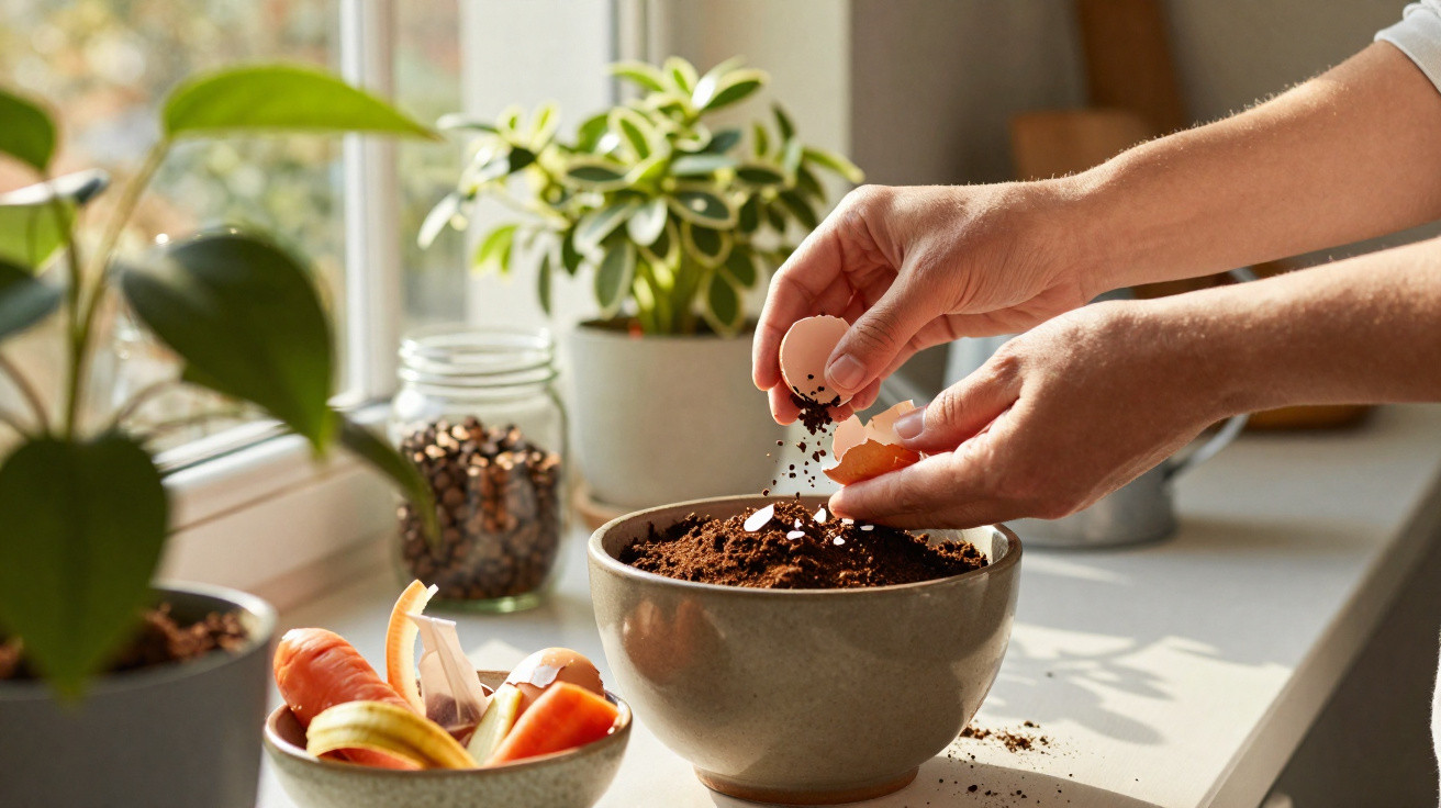 Hands adding crushed eggshells to a bowl of compost on a windowsill with plants and vegetable scraps.