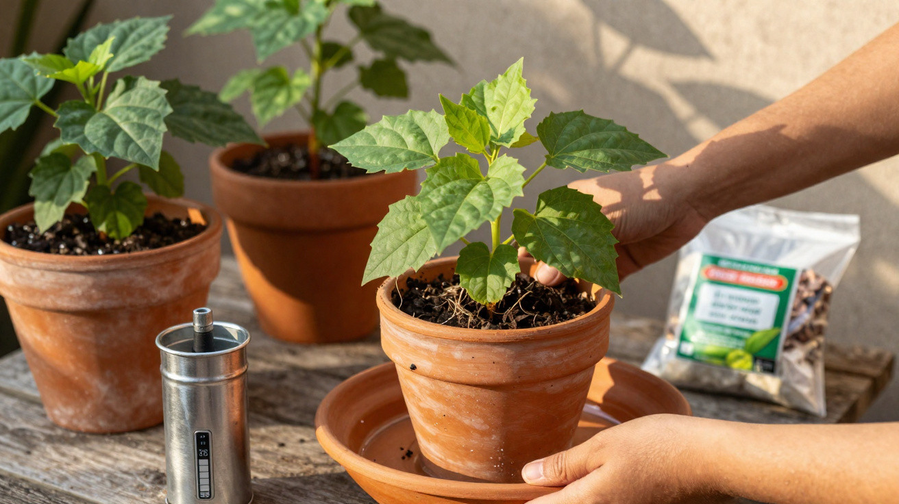 Hands tending to a green plant in a terracotta pot on a wooden surface with gardening tools nearby.