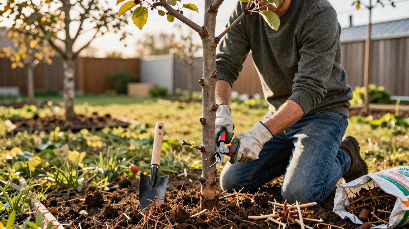 Person pruning a small tree in a garden, wearing gloves and using pruning shears on a sunny day.