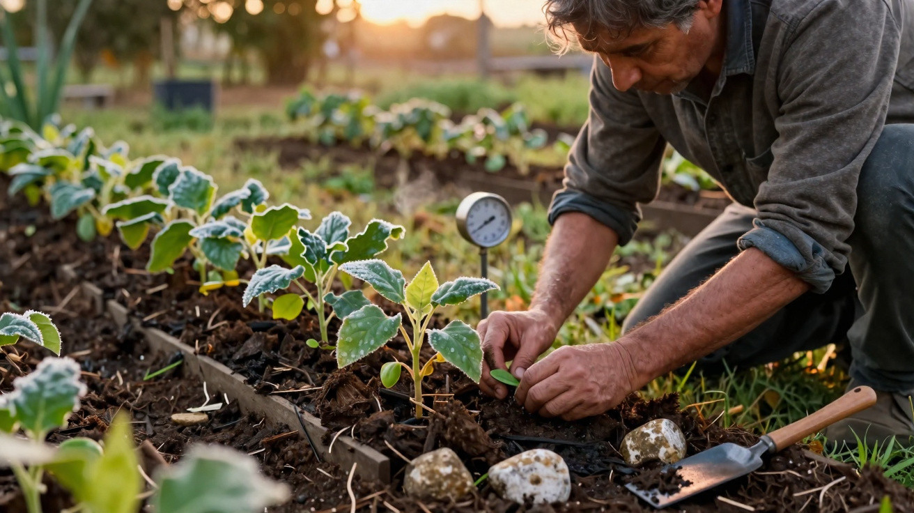 Man in a garden checking soil moisture with a meter among young vegetable plants at sunset.
