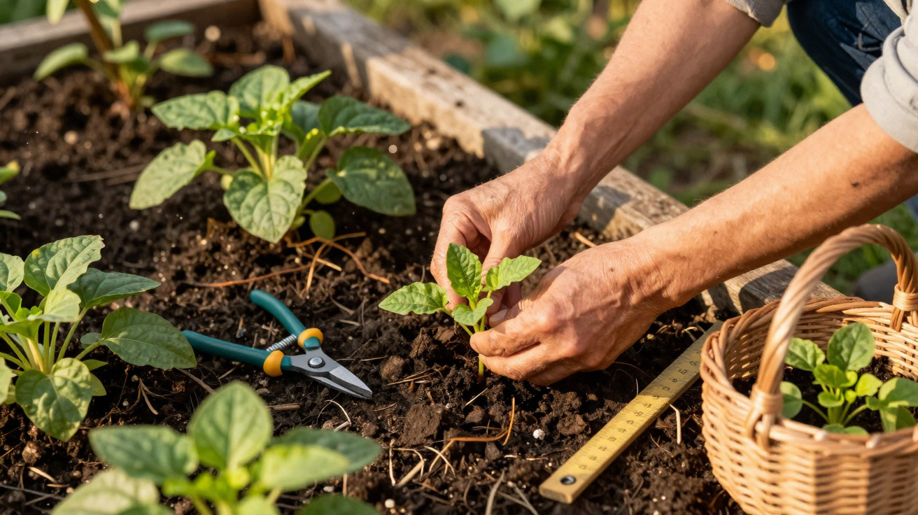 Hands planting young green seedlings in a raised garden bed with gardening tools and a basket nearby.