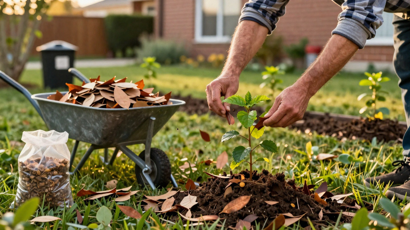 Person planting a young tree seedling in a garden with a wheelbarrow full of leaves nearby.